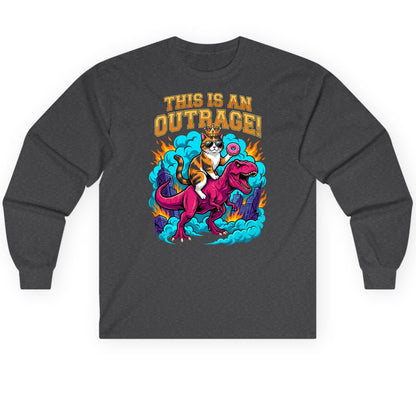 THIS IS AN OUTRAGE! Cat riding a T-Rex Long Sleeve Tee Dark Heather product mockup