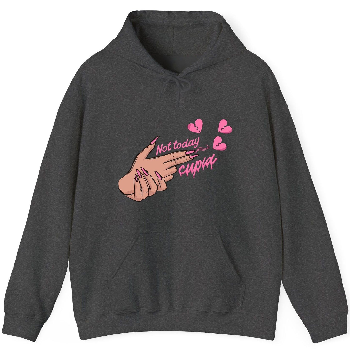 Not Today Cupid anti-Valentine's Day Hoodie Dark Heather product mockup