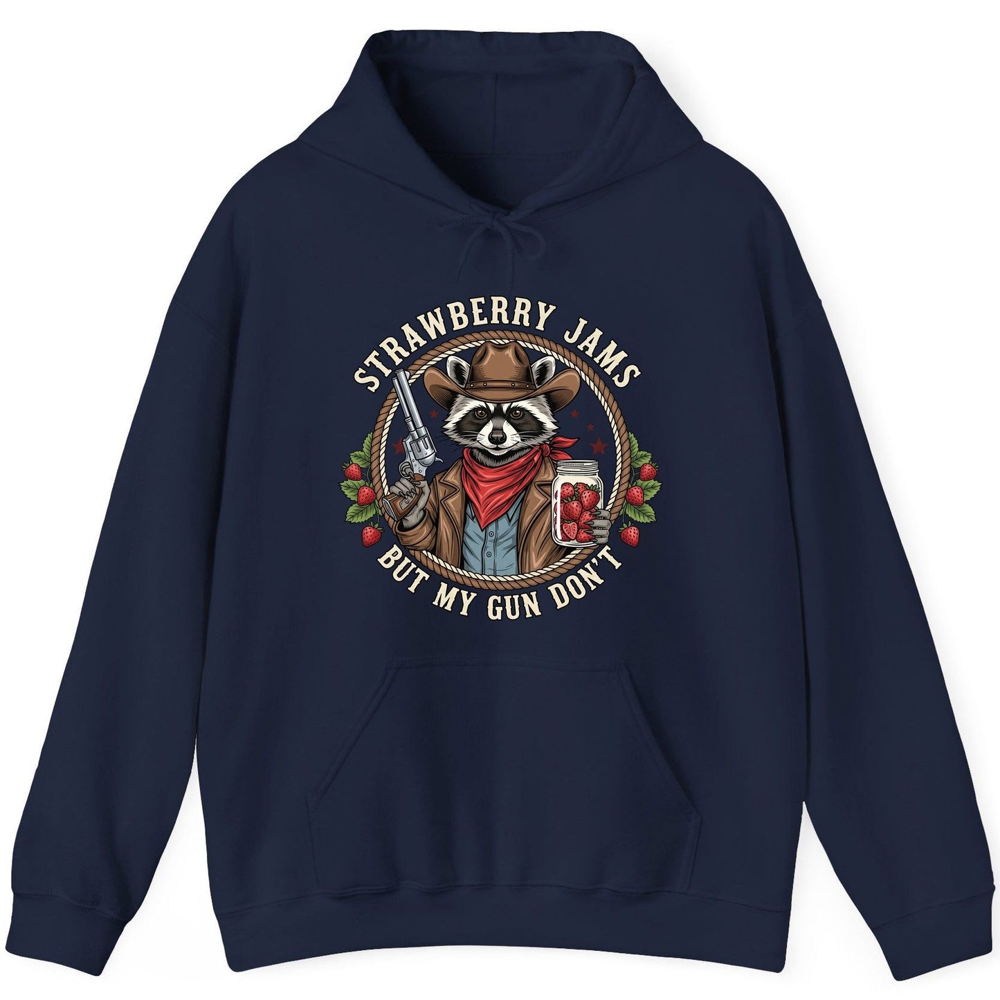 Strawberry Jams but My Gun Don't cowboy raccoon Hoodie Navy product mockup