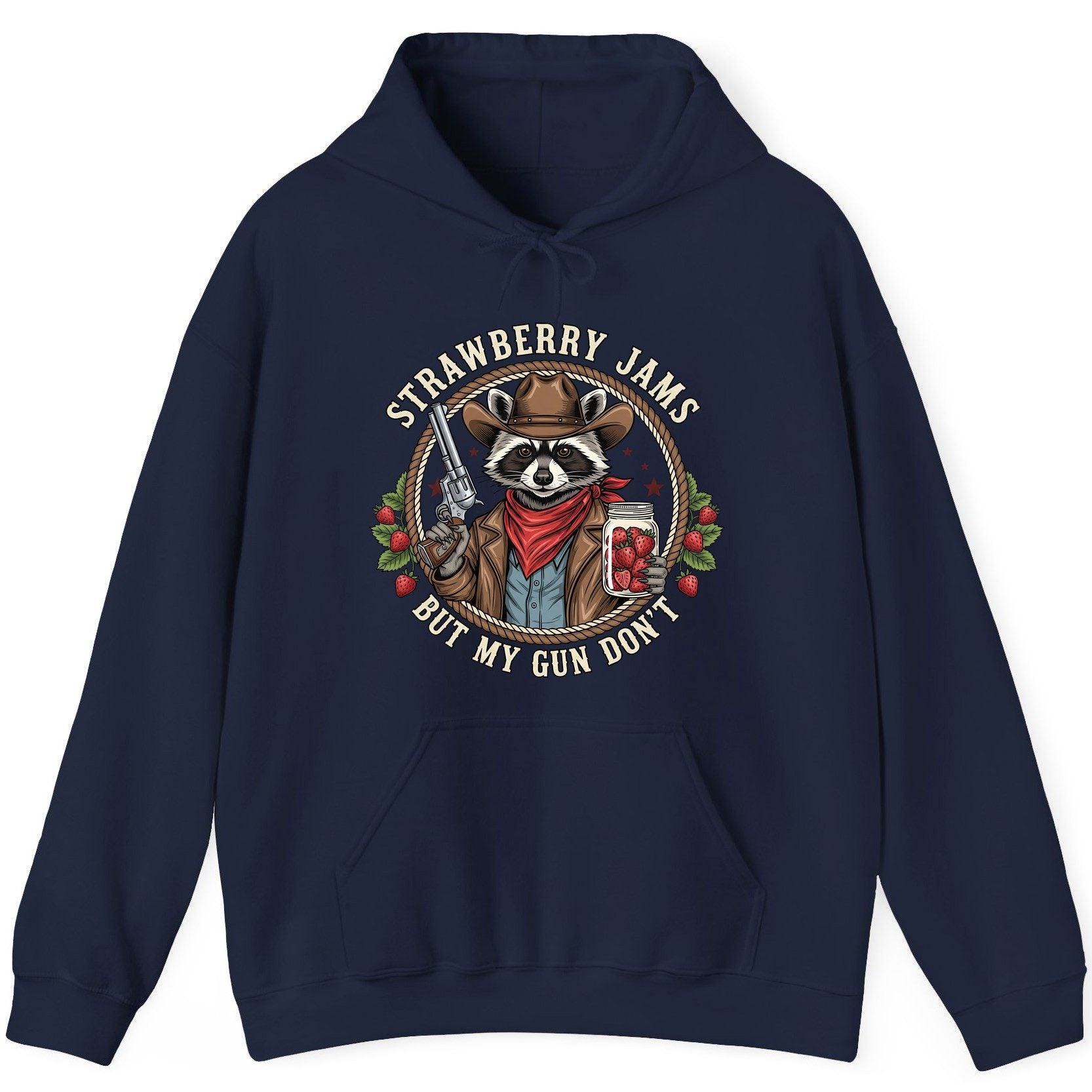 Strawberry Jams but My Gun Don't cowboy raccoon Hoodie Navy product mockup