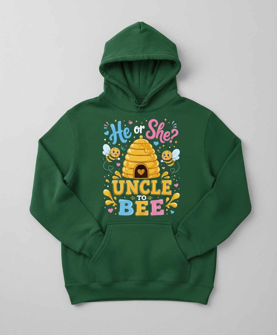 He or She Uncle to Bee Gender Reveal Hoodie - product mockup - Forest Green