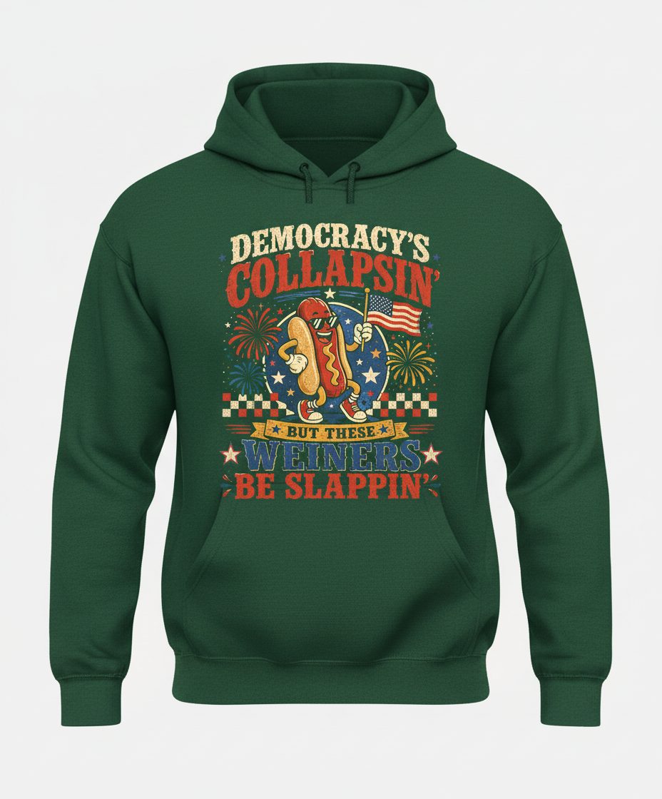 Democracy's Collapsin' but These Weiners Be Slappin' Hoodie - product mockup - Forest Green