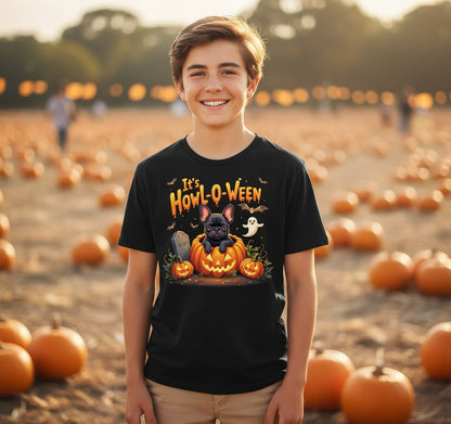 It's Howl-O-Ween french bulldog Youth T-Shirt Black lifestyle mockup