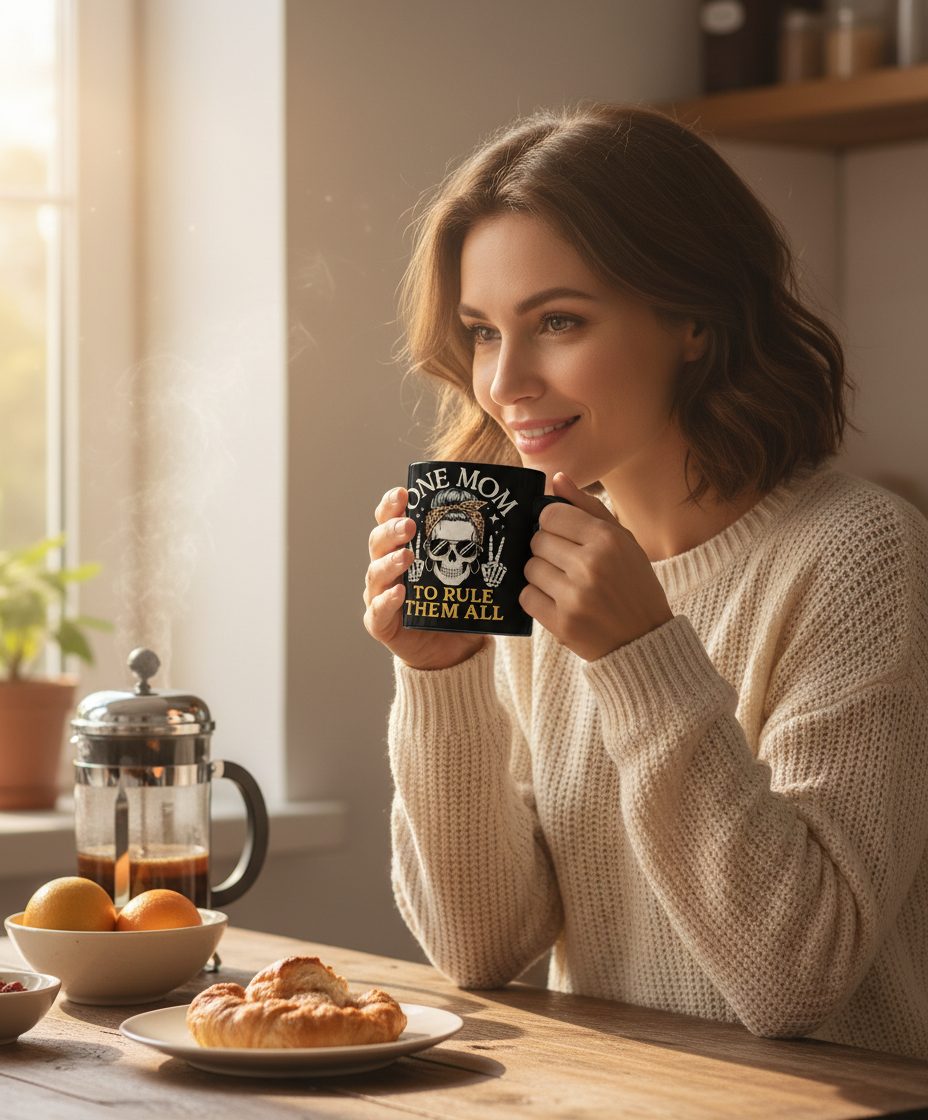 ONE MOM TO RULE THEM ALL Funny Sassy Skull Black Mug - lifestyle model mockup - Black