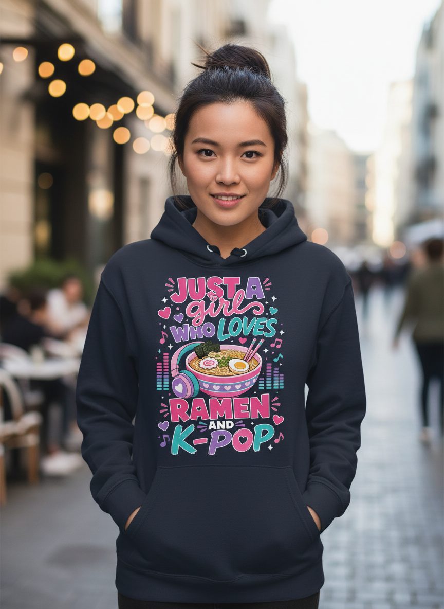 Just a Girl Who Loves Ramen and K-Pop and Ramen Hoodie - product mockup - Navy