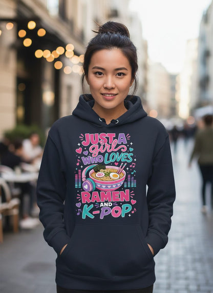 Just a Girl Who Loves Ramen and K-Pop and Ramen Hoodie - product mockup - Navy
