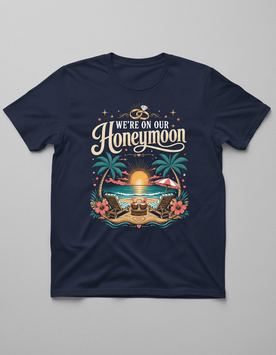 We're on Our Honeymoon Retro Newlyweds T-Shirt - product mockup - Navy