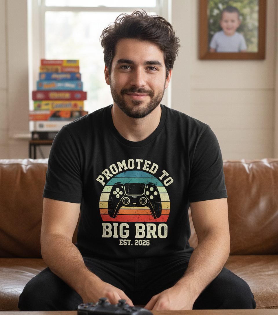 Promoted TO BIG BRO EST 2026 Retro Gaming T-Shirt - lifestyle model mockup - Black