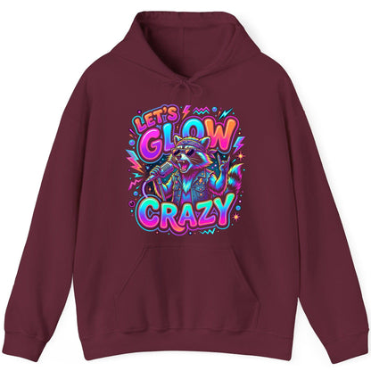 Let's Glow Crazy Funny Rockstar Raccoon Hoodie - product mockup - Maroon