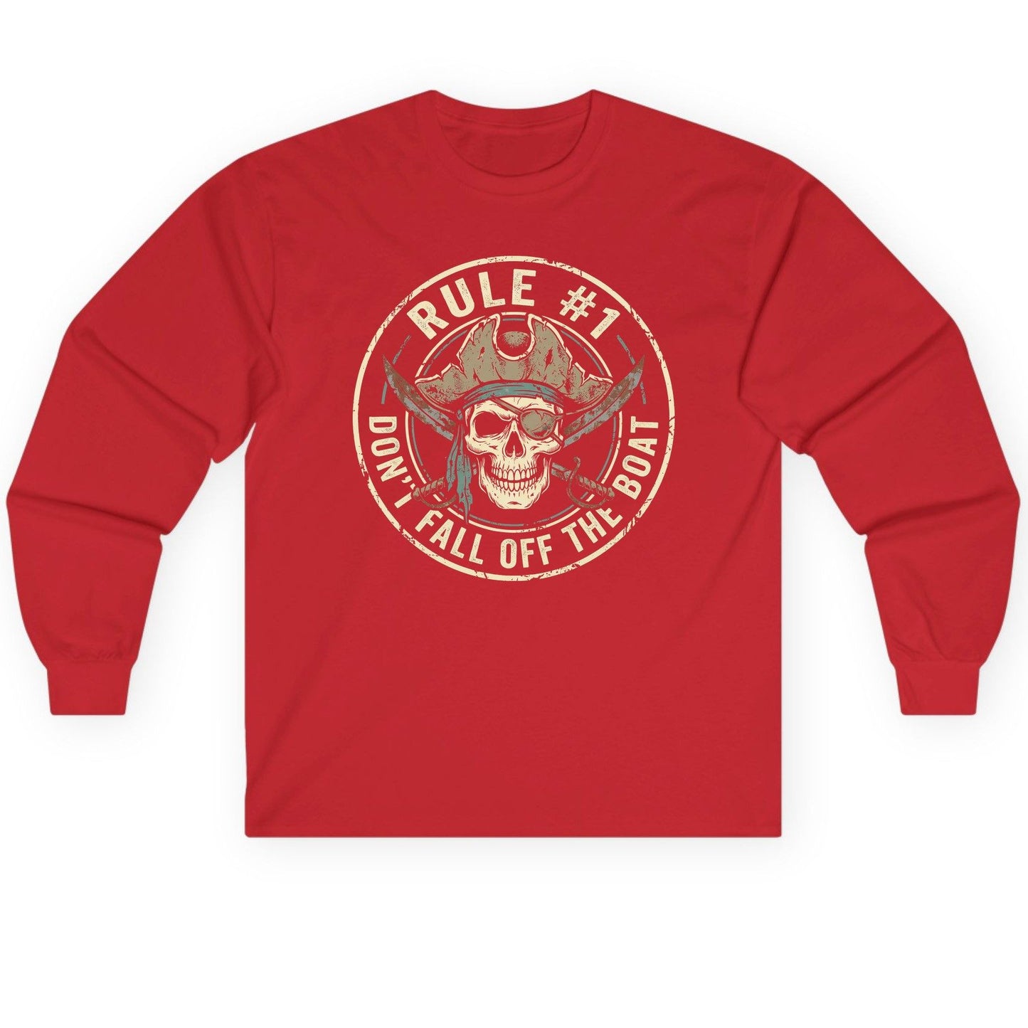 Rule 1 Don't Fall Off the Boat pirate Long Sleeve Tee Red product mockup
