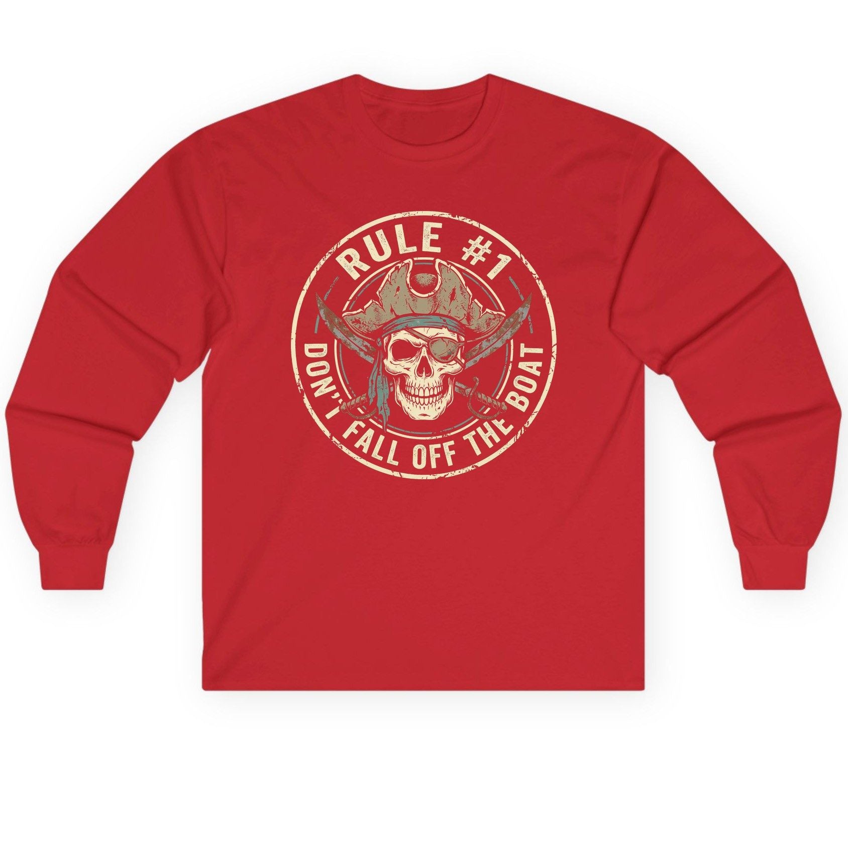 Rule 1 Don't Fall Off the Boat pirate Long Sleeve Tee Red product mockup