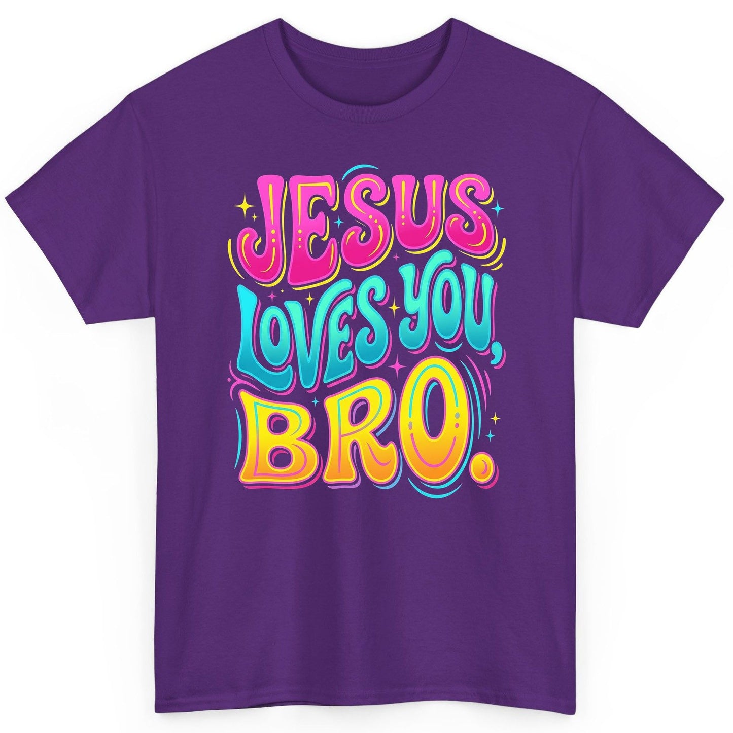 JESUS LOVES YOU BRO Retro Christian T-Shirt - product mockup - Purple