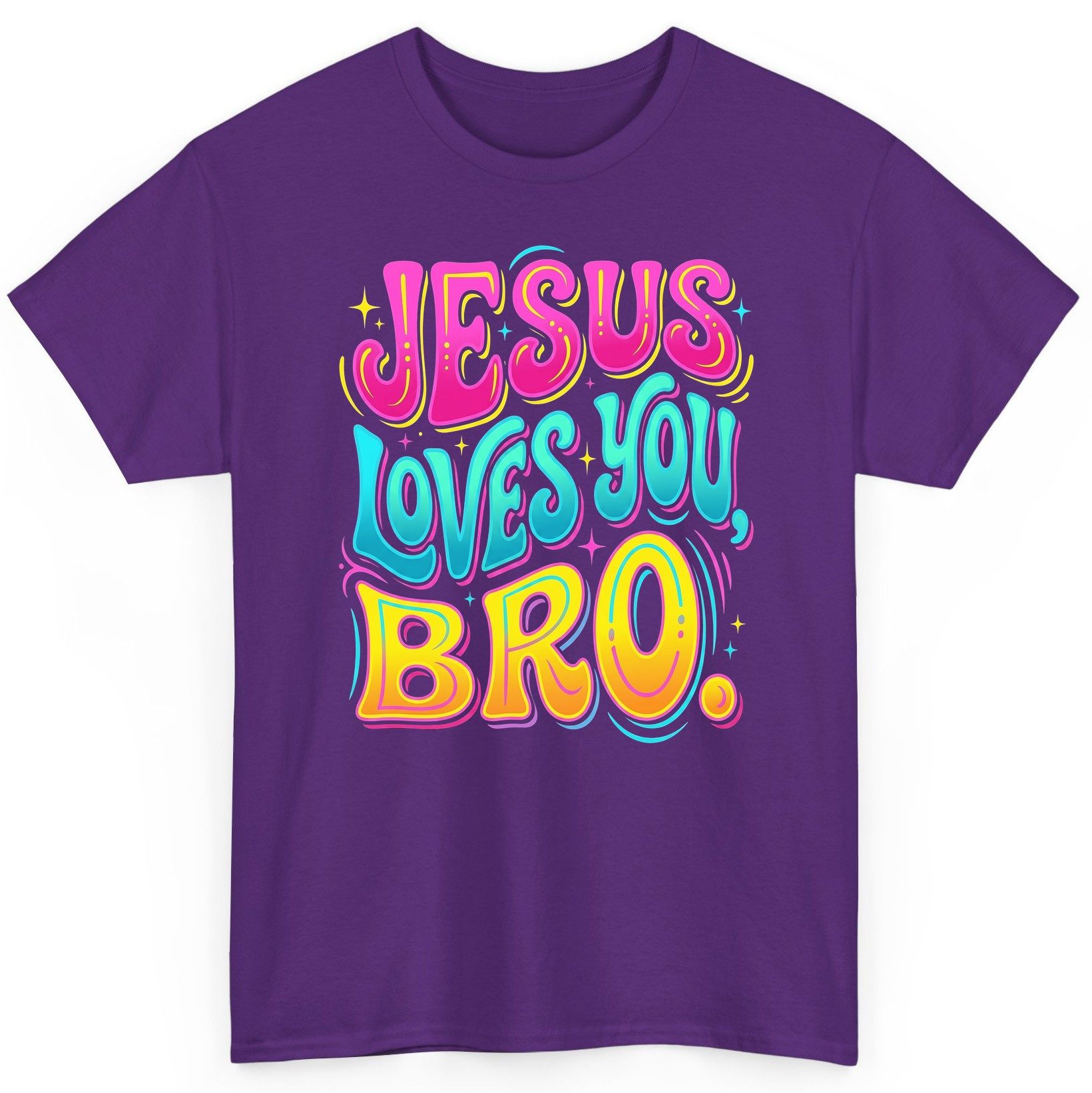 JESUS LOVES YOU BRO Retro Christian T-Shirt - product mockup - Purple