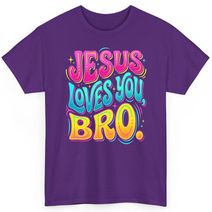 JESUS LOVES YOU BRO Retro Christian T-Shirt - product mockup - Purple