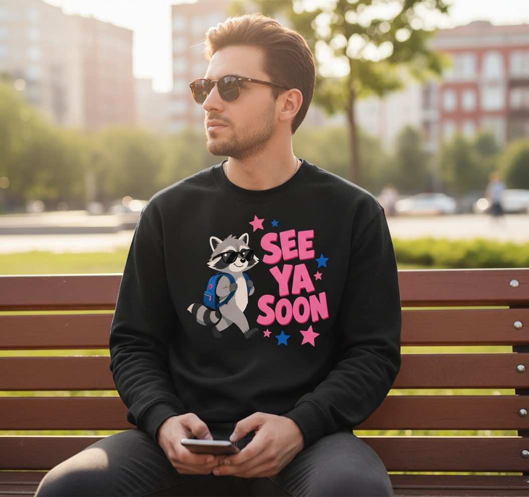 See Ya Soon Raccoon Sweatshirt - lifestyle model mockup - Black
