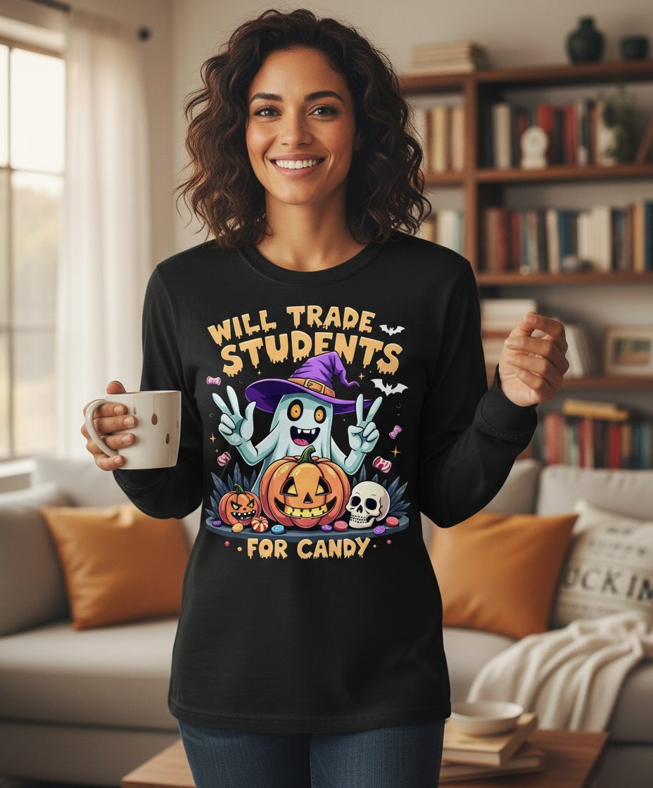 Will Trade Students for Candy teacher humor Long Sleeve Tee Black lifestyle mockup
