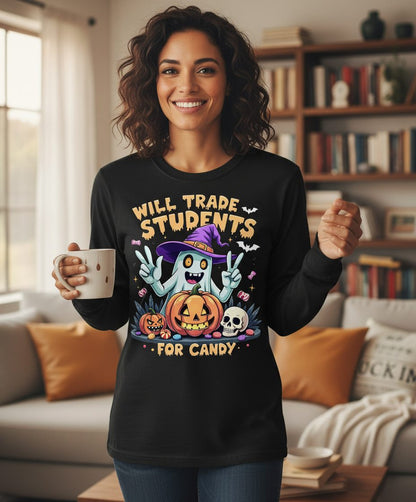 Will Trade Students for Candy teacher humor Long Sleeve Tee Black lifestyle mockup