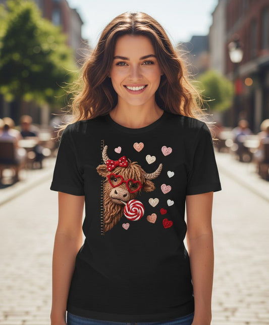 Crochet Valentine's Highland Cow highland cow Youth T-Shirt Black lifestyle mockup