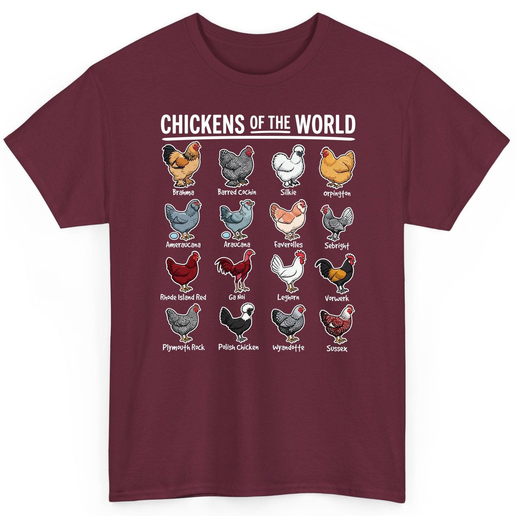 Chickens of the World chicken breeds T-Shirt Maroon product mockup