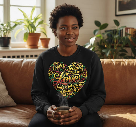 I Have Decided to Stick with Love Hate Is Too Great a Burden to Bear love and peace Sweatshirt Black lifestyle mockup