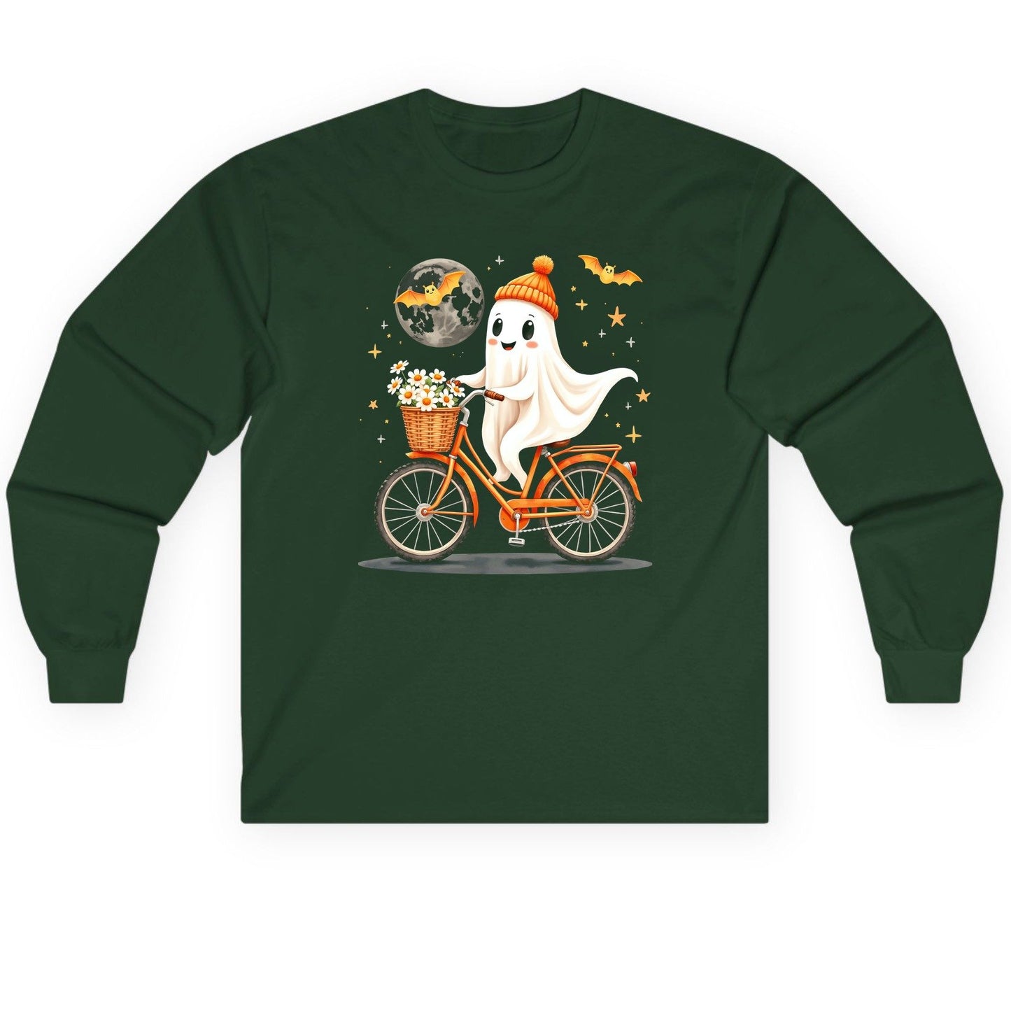 Cute Ghost on Bicycle cute ghost Long Sleeve Tee Forest Green product mockup