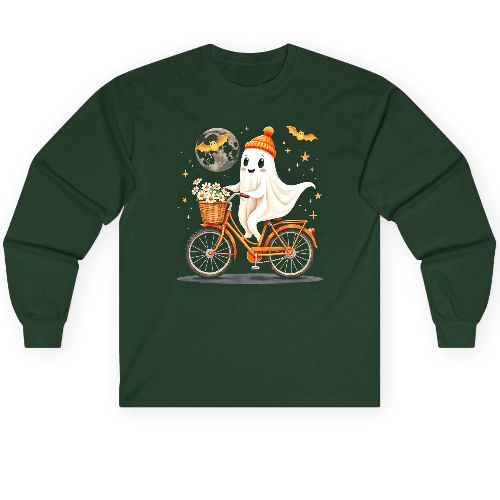Cute Ghost on Bicycle cute ghost Long Sleeve Tee Forest Green product mockup