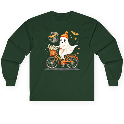 Cute Ghost on Bicycle cute ghost Long Sleeve Tee Forest Green product mockup