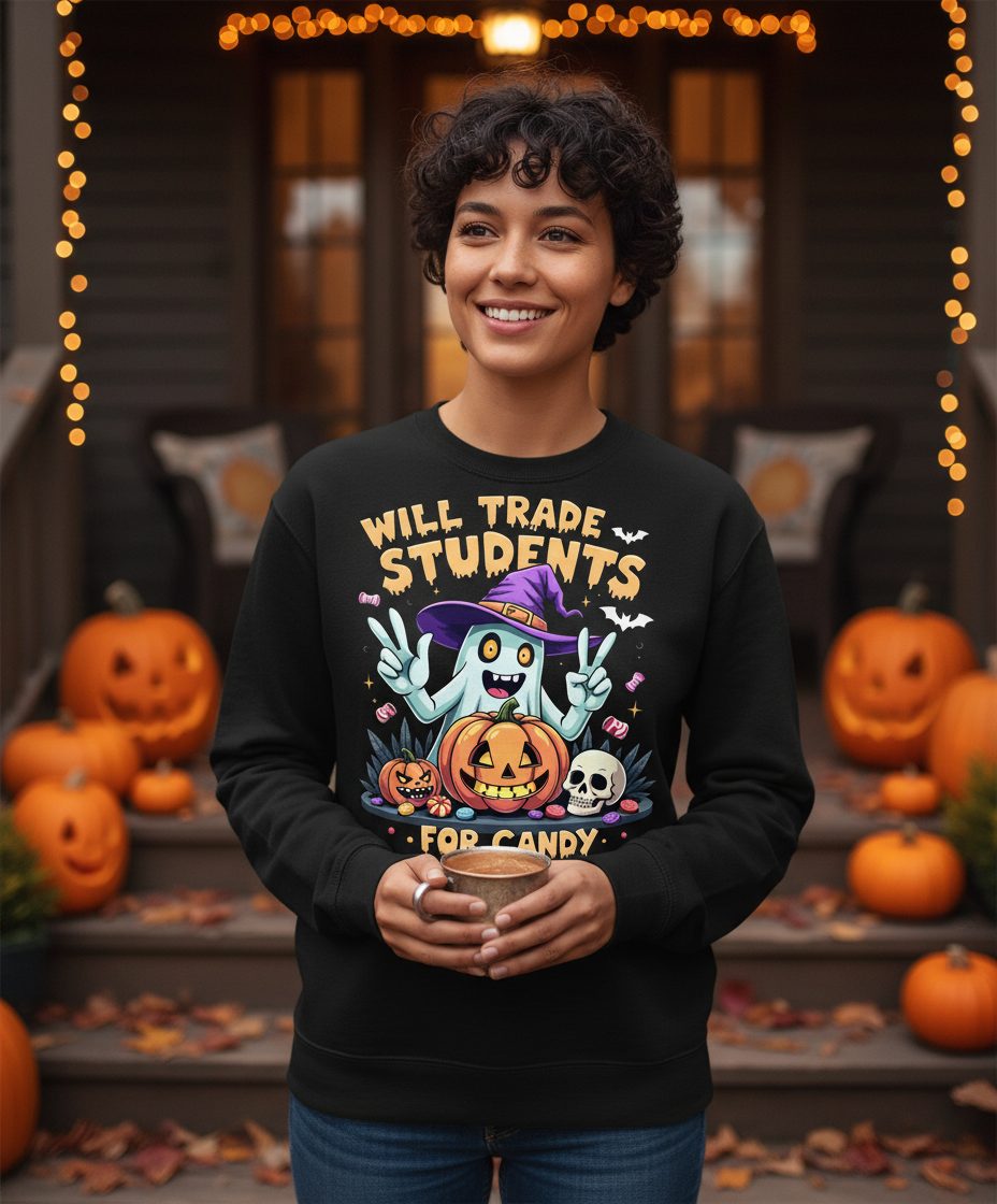 Will Trade Students for Candy teacher humor Sweatshirt Black lifestyle mockup