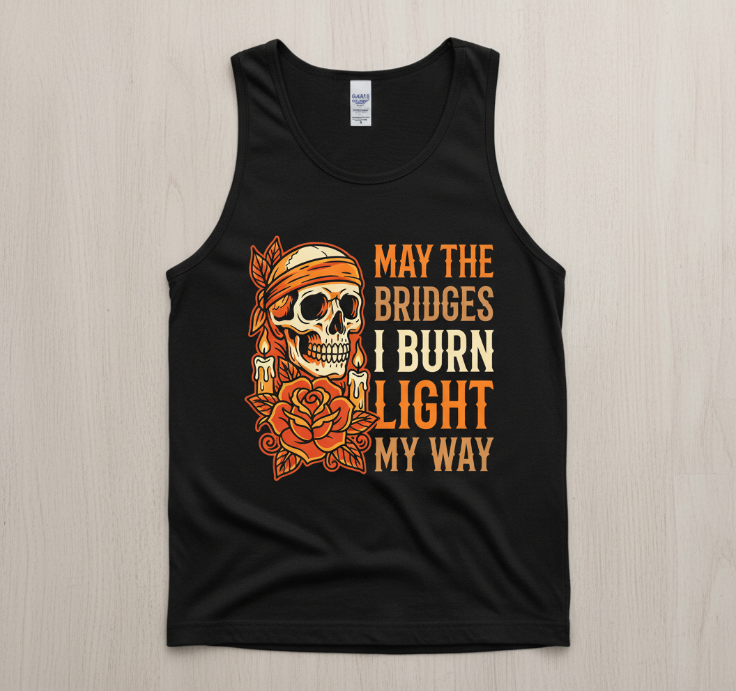 May The Bridges I Burn Light My Way Skull and Rose Tattoo Art Tank Top - Black