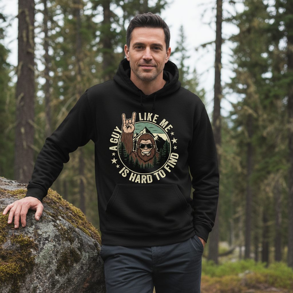 A Guy Like Me Is Hard to Find bigfoot Hoodie Black lifestyle mockup