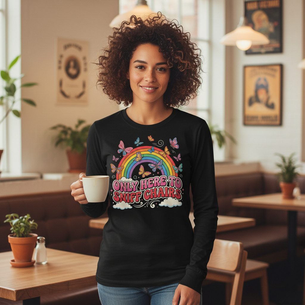 ONLY HERE TO SNIFF CHAIRS Funny Sarcastic Humor Long Sleeve Tee - lifestyle model mockup - Black