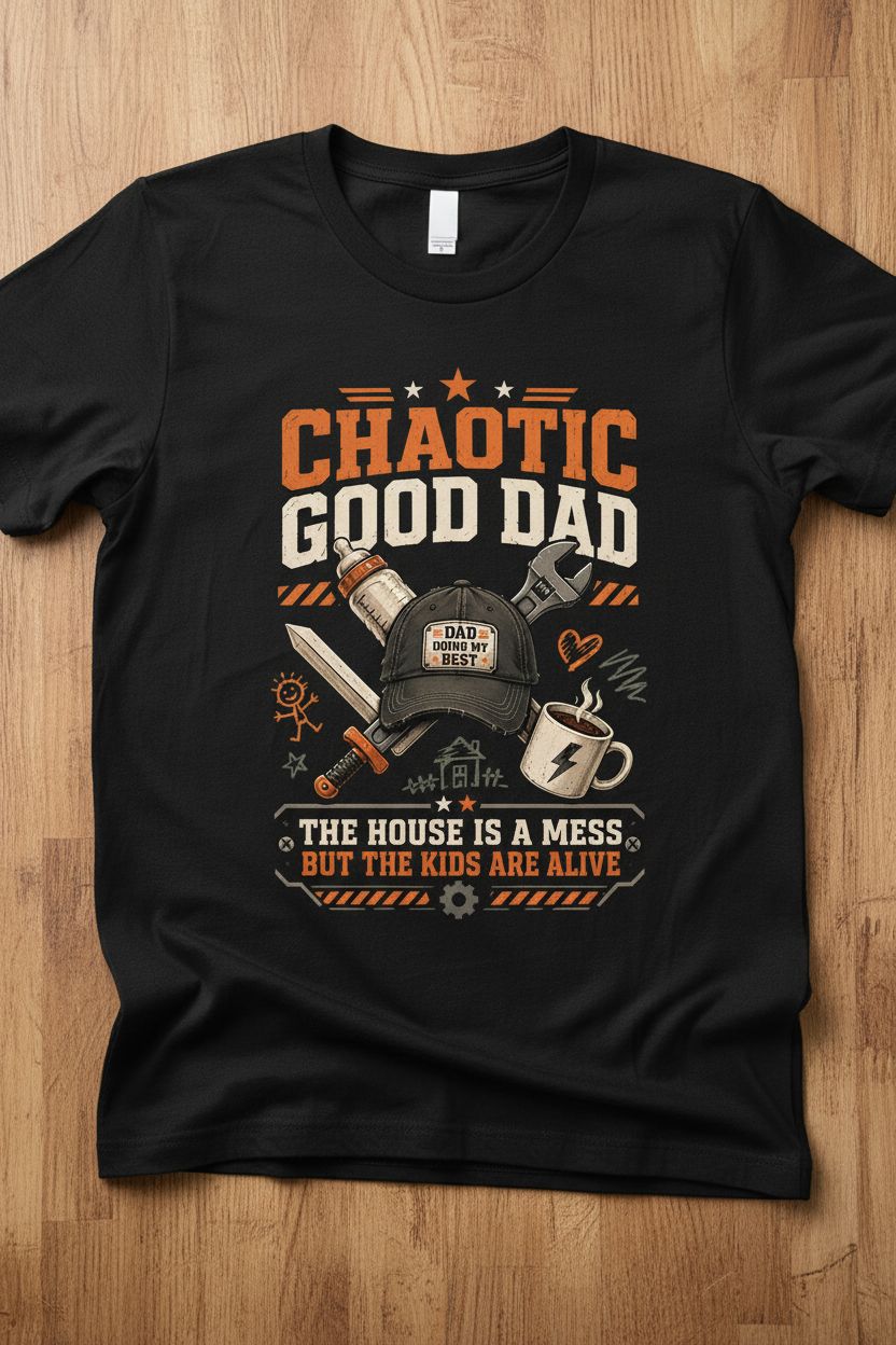 Chaotic Good Dad. The House Is A Mess But The Kids Are Alive. Funny Chaotic Good Dad T-Shirt - product mockup - Black