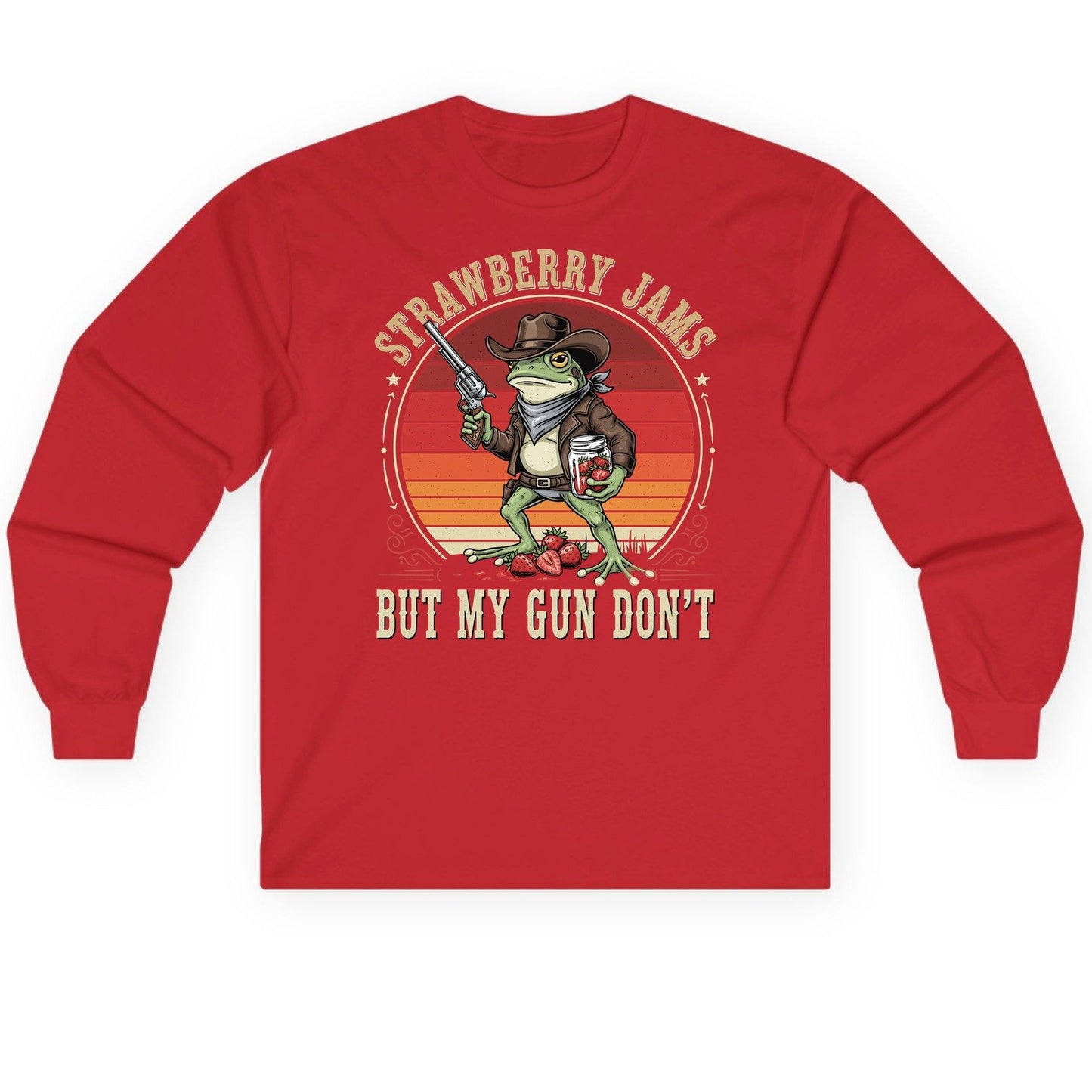 Strawberry Jams but My Gun Don't cowboy frog Long Sleeve Tee Red product mockup