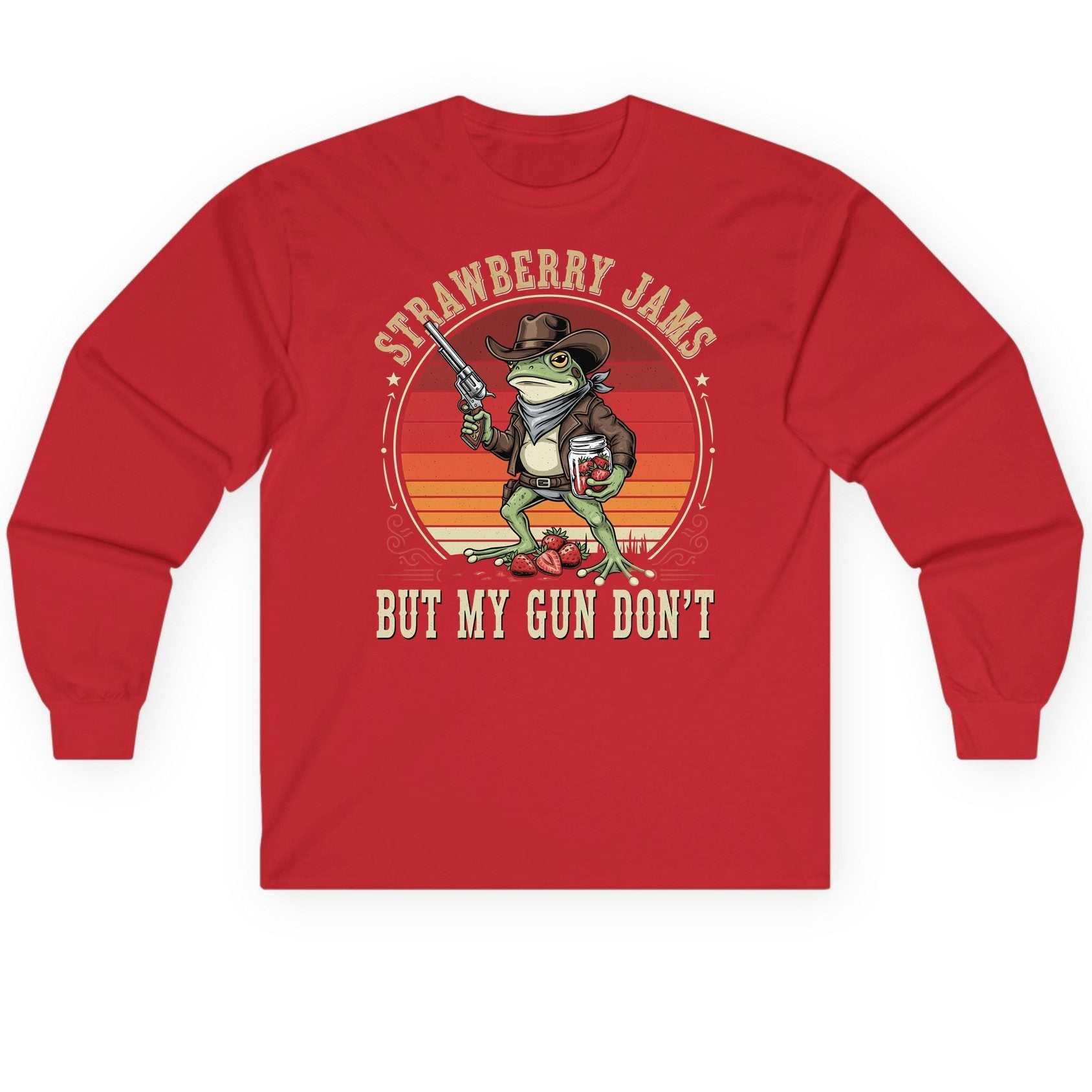 Strawberry Jams but My Gun Don't cowboy frog Long Sleeve Tee Red product mockup