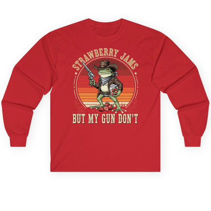 Strawberry Jams but My Gun Don't cowboy frog Long Sleeve Tee Red product mockup