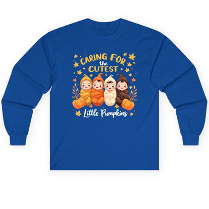 Caring for the Cutest Little Pumpkins swaddled babies Long Sleeve Tee Royal product mockup