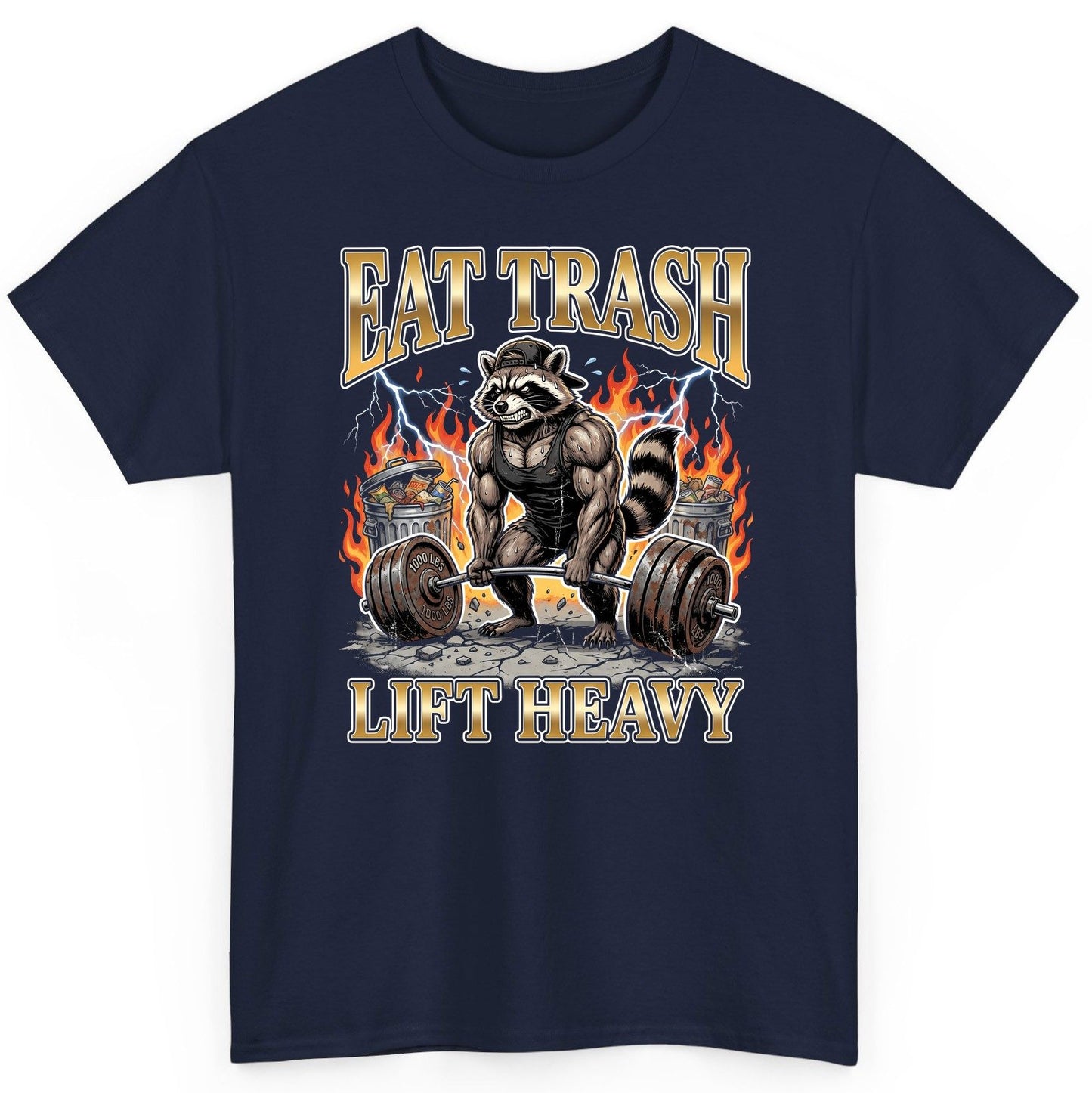 Eat Trash Lift Heavy weightlifting raccoon T-Shirt Navy product mockup