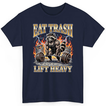 Eat Trash Lift Heavy weightlifting raccoon T-Shirt Navy product mockup