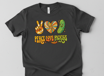 Peace Love Pickles Retro 70s Hippie Design T-Shirt - Dark Heather