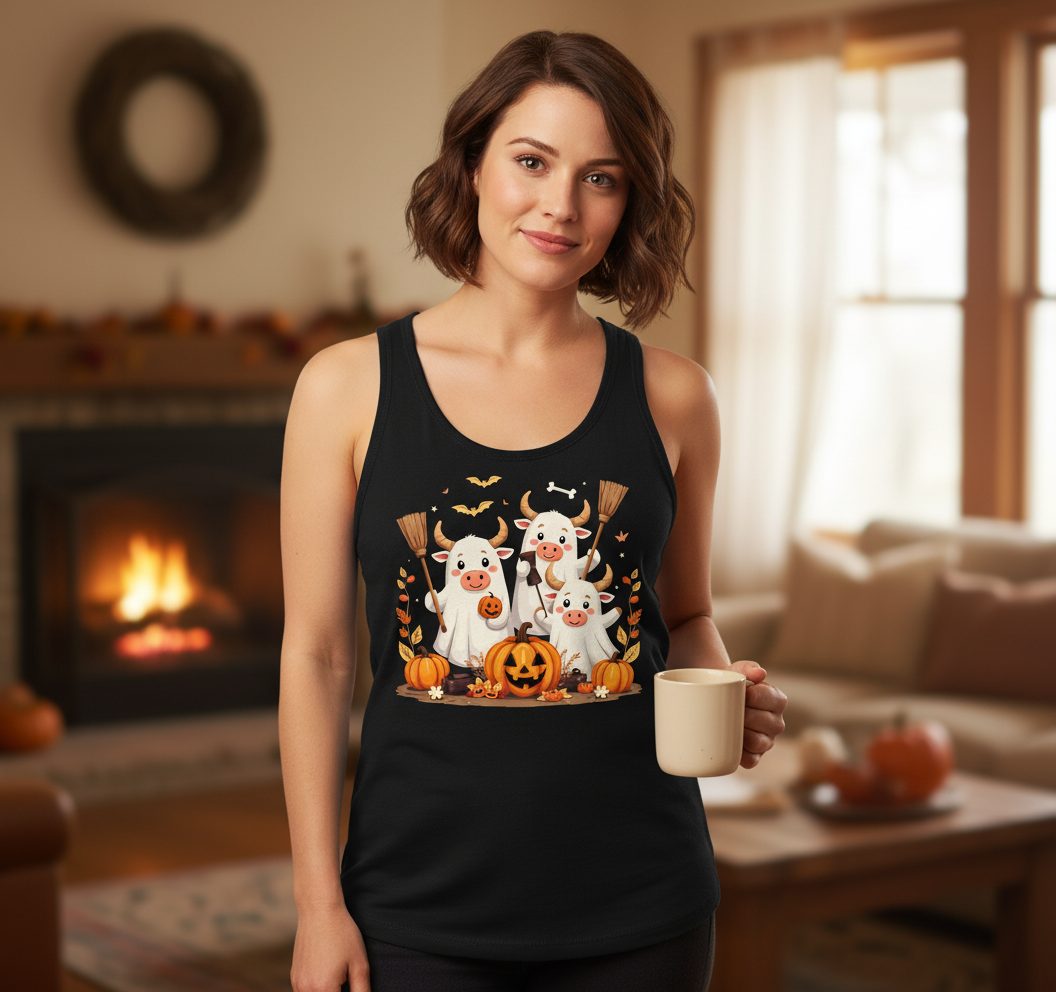 Cute Ghost Cows Halloween cows Tank Top Black lifestyle mockup