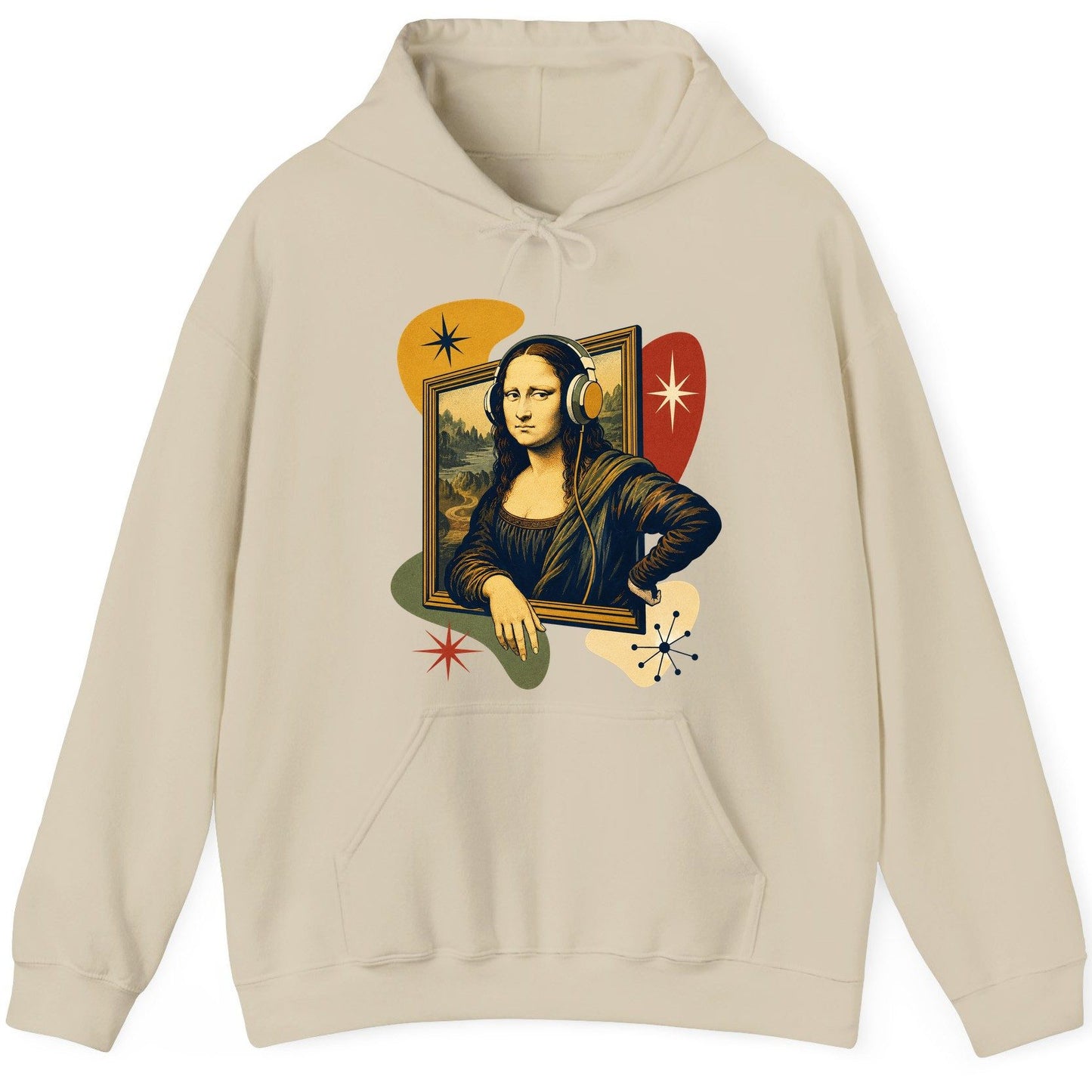 Retro Mona Lisa with Headphones Funny Art Lovers Hoodie - product mockup - Sand