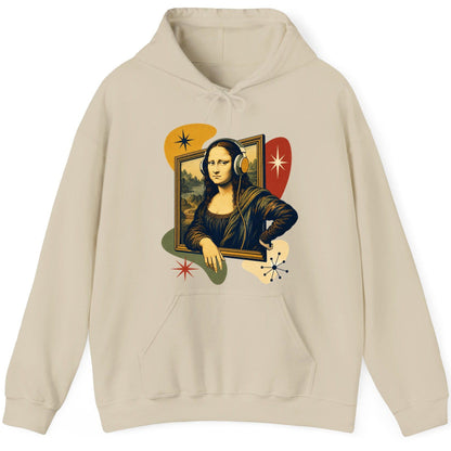Retro Mona Lisa with Headphones Funny Art Lovers Hoodie - product mockup - Sand