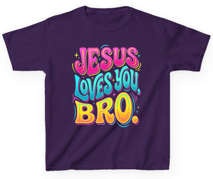 JESUS LOVES YOU BRO Retro Christian Youth T-Shirt - product mockup - Purple