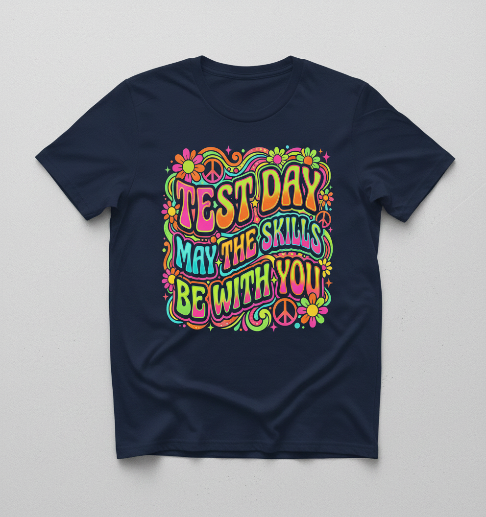 Test Day May The Skills Be With You Psychedelic Retro Design T-Shirt - Navy