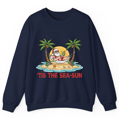 'Tis the Sea-Sun santa claus on a tropical vacation Sweatshirt Navy product mockup