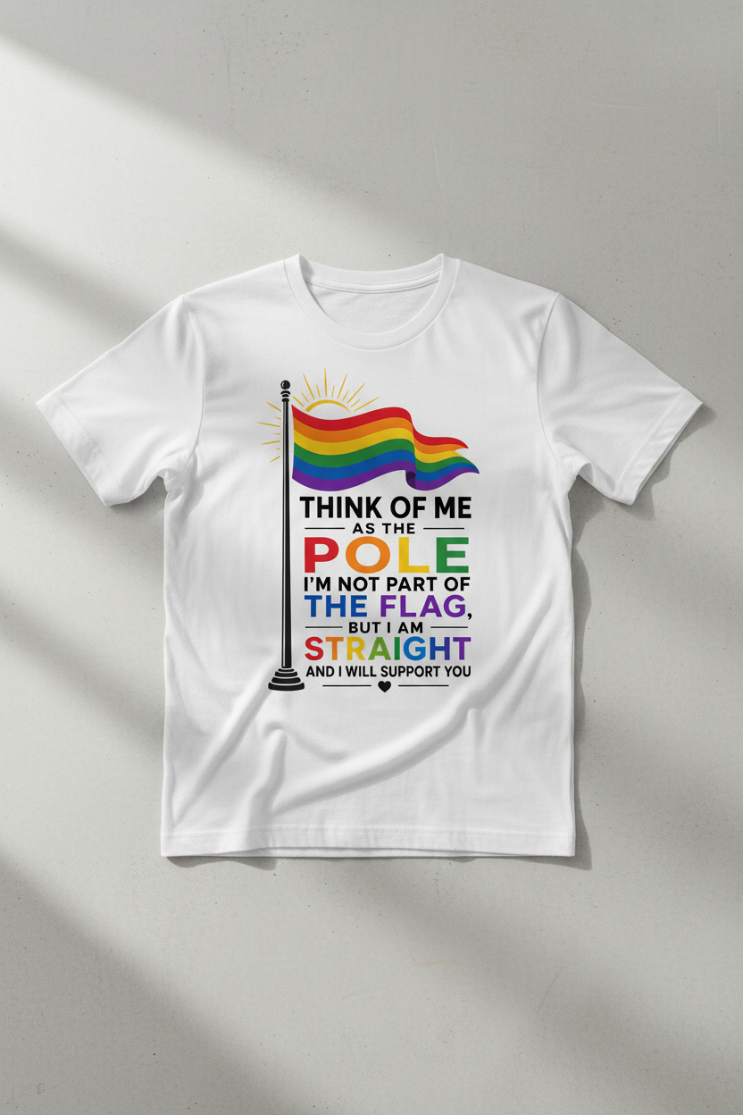 Straight Ally Pride Flag Pole Support Design T-Shirt - White