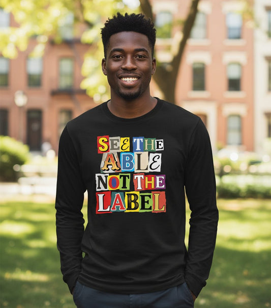 SEE THE ABLE NOT THE LABEL Inclusion and Awareness Long Sleeve Tee - lifestyle model mockup - Black