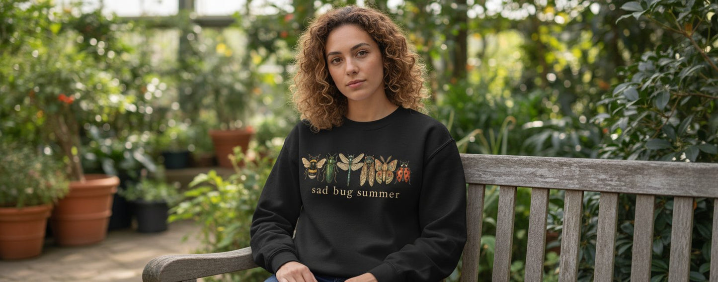 Sad Bug Summer Vintage Insects Sweatshirt - lifestyle model mockup - Black