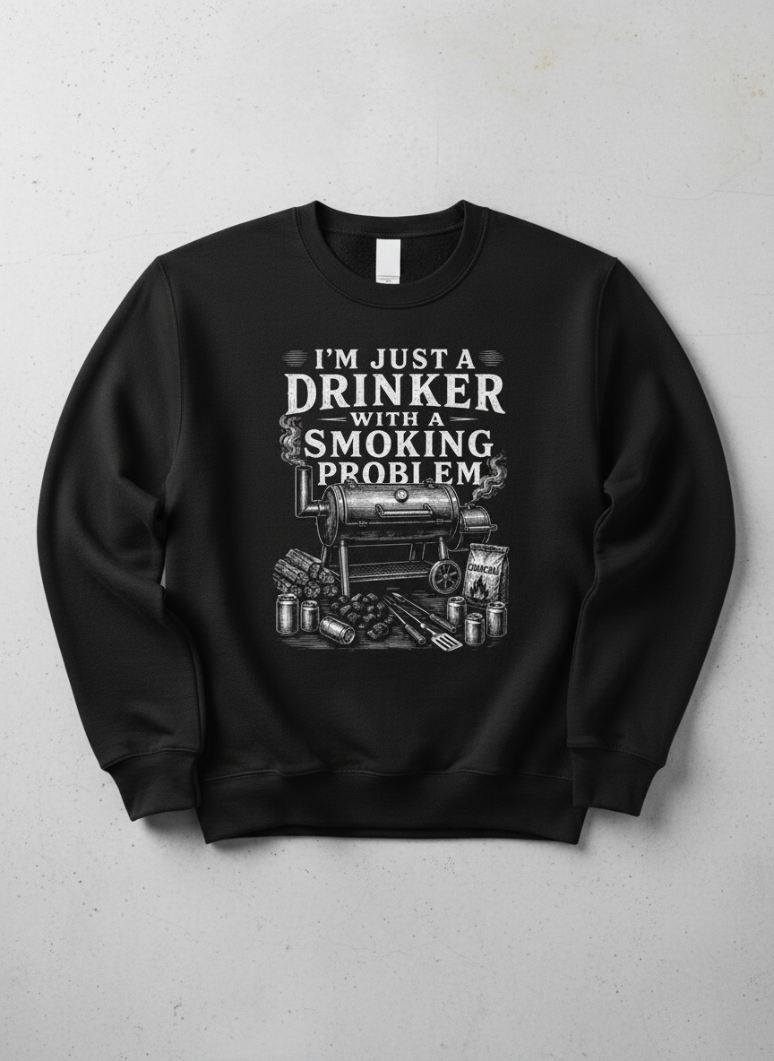 I'M JUST A DRINKER WITH A SMOKING PROBLEM Funny Drinker With A Smoking Problem BBQ Sweatshirt - product mockup - Black