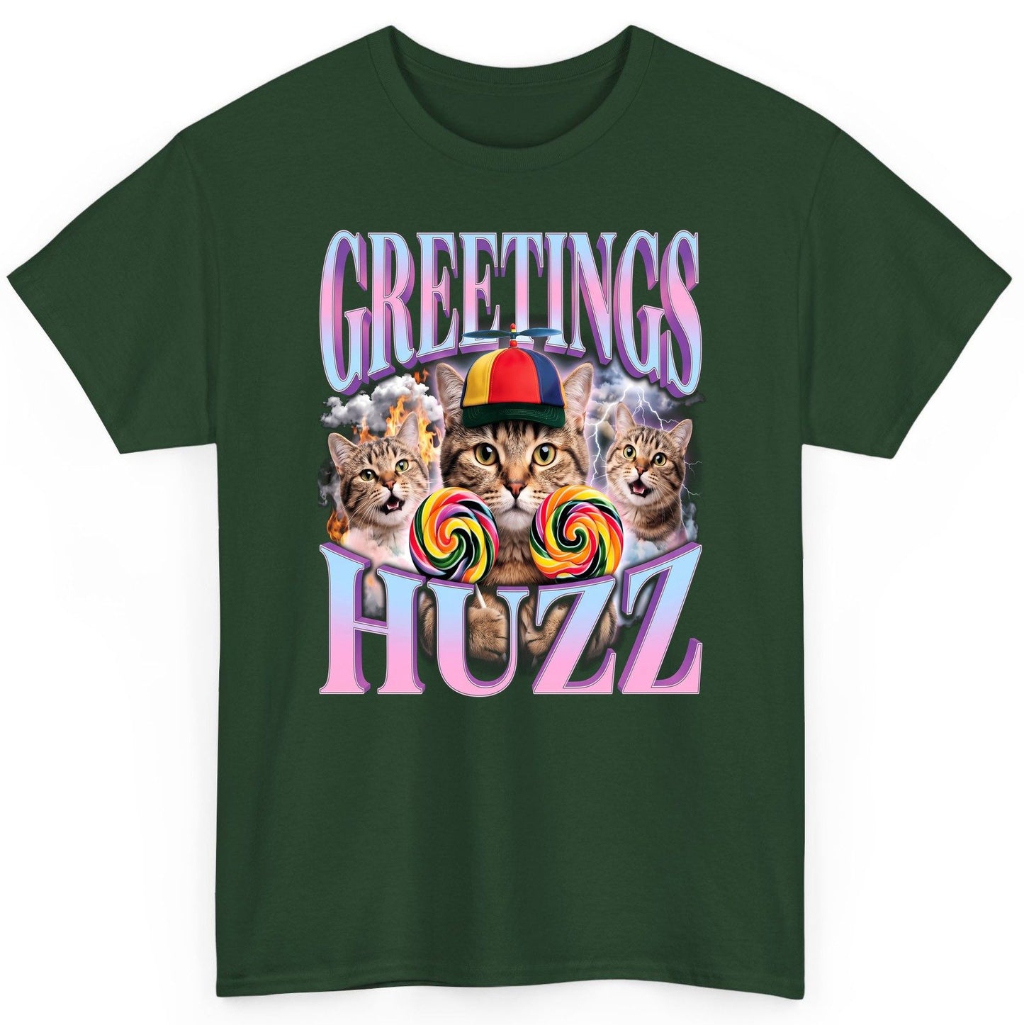 Greetings Huzz Funny Cats T-Shirt - product mockup - Forest Green